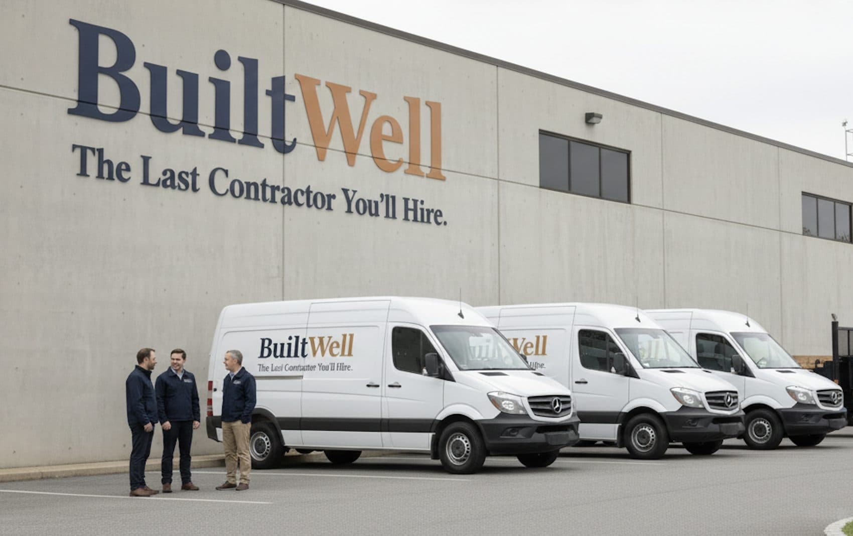 BuiltWell general contractor team with branded Mercedes Sprinter fleet at Connecticut headquarters warehouse