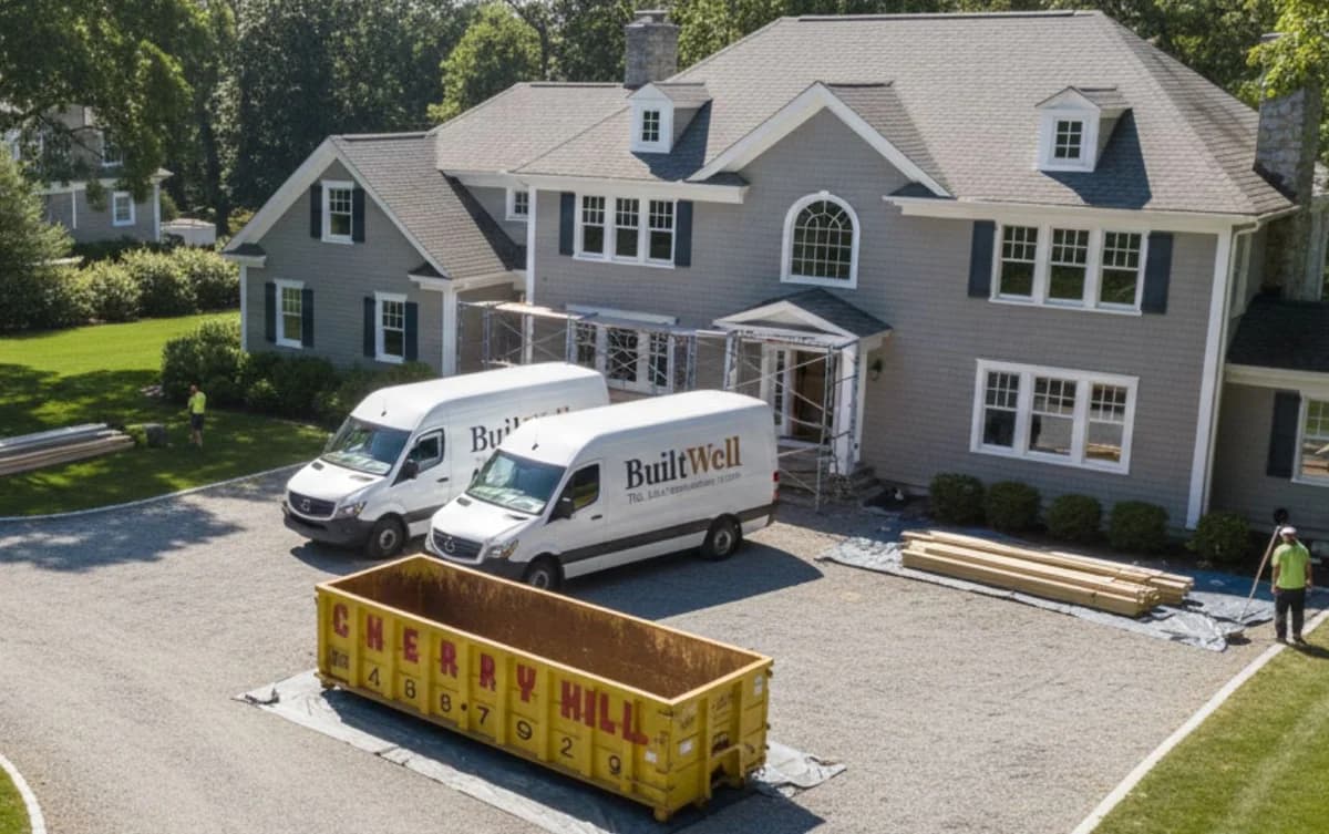 BuiltWell general contractor job site with branded vans at luxury home renovation in Connecticut