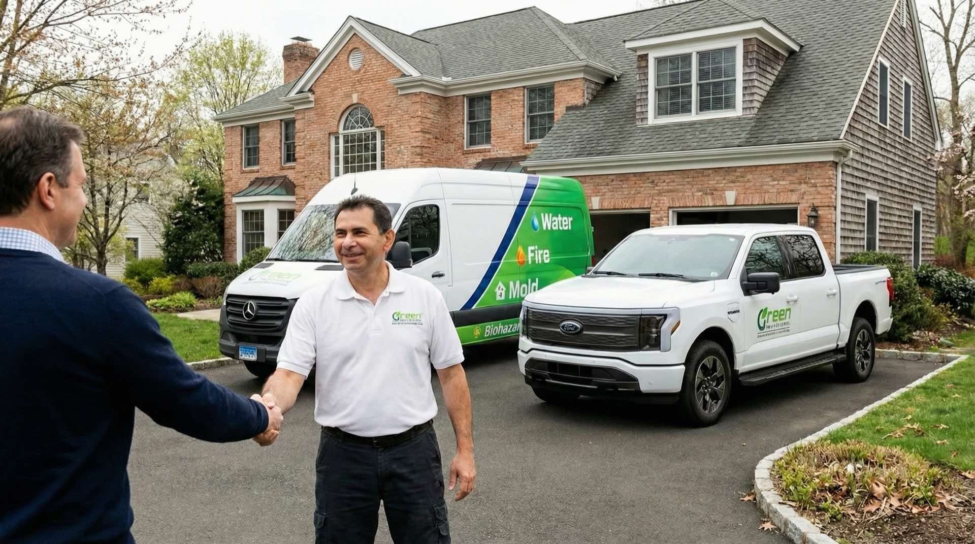Home service contractor shaking hands with homeowner in front of branded service van and house
