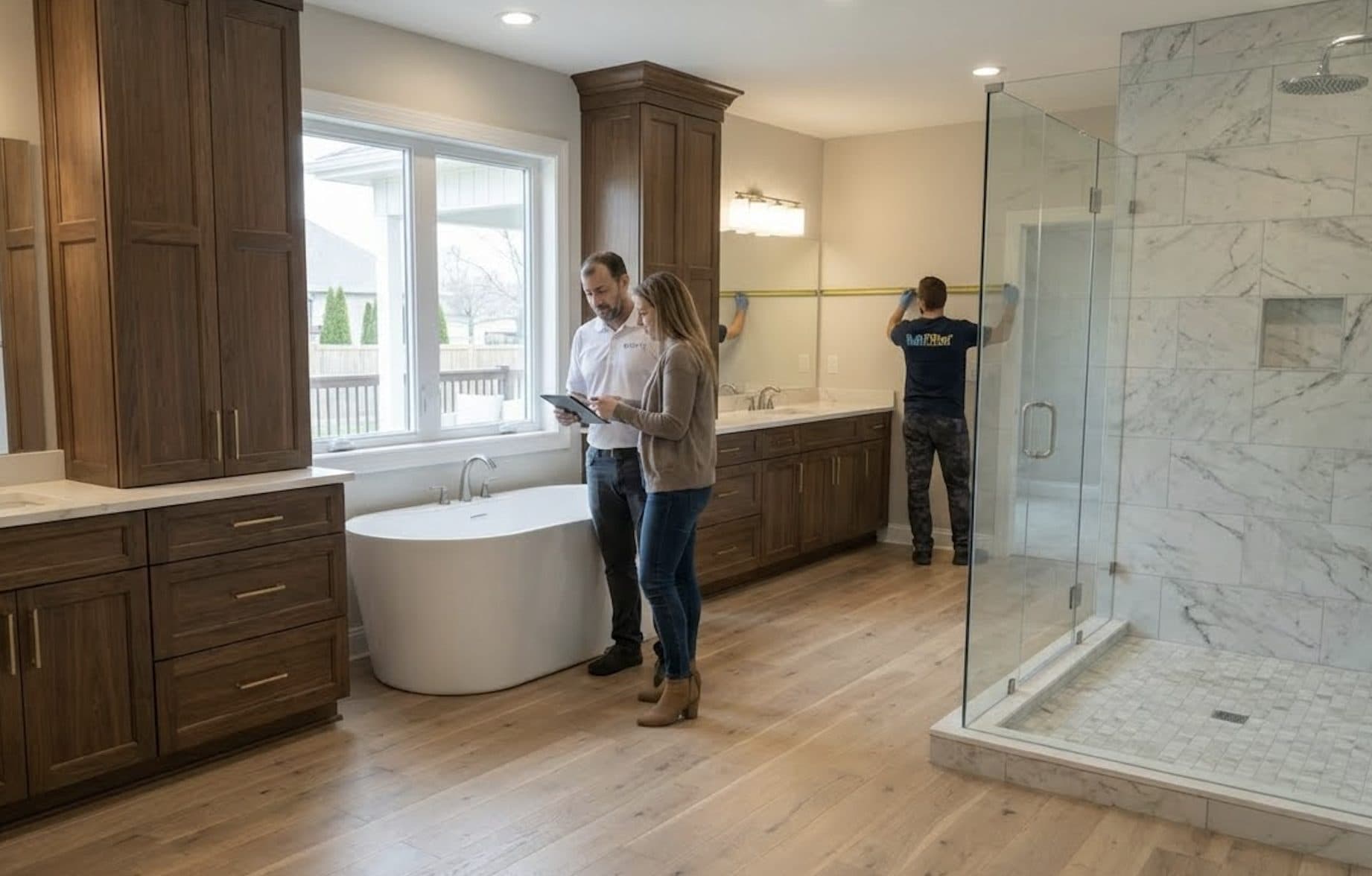 BuiltWell general contractor luxury bathroom renovation with custom cabinetry and glass shower in Connecticut