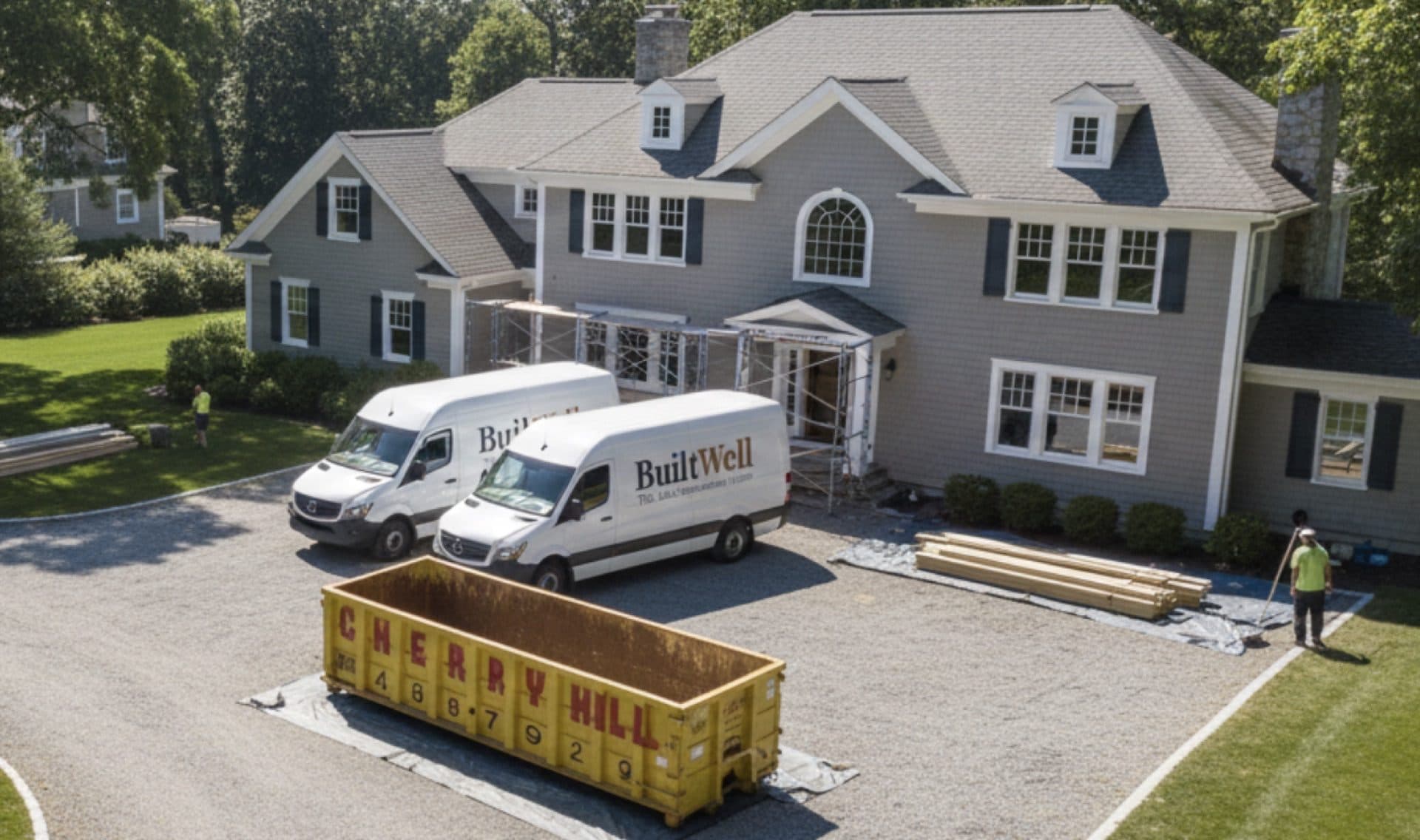 General contractor reviewing blueprints at a residential home renovation job site