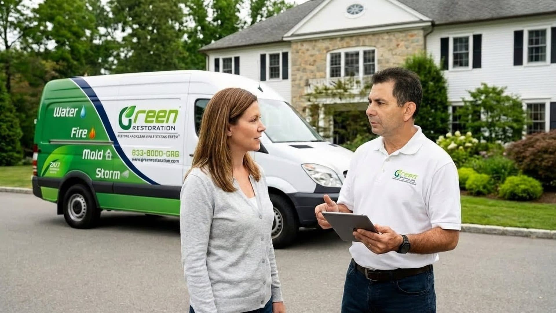 Green Restoration owner consulting with Connecticut homeowner about water damage restoration services