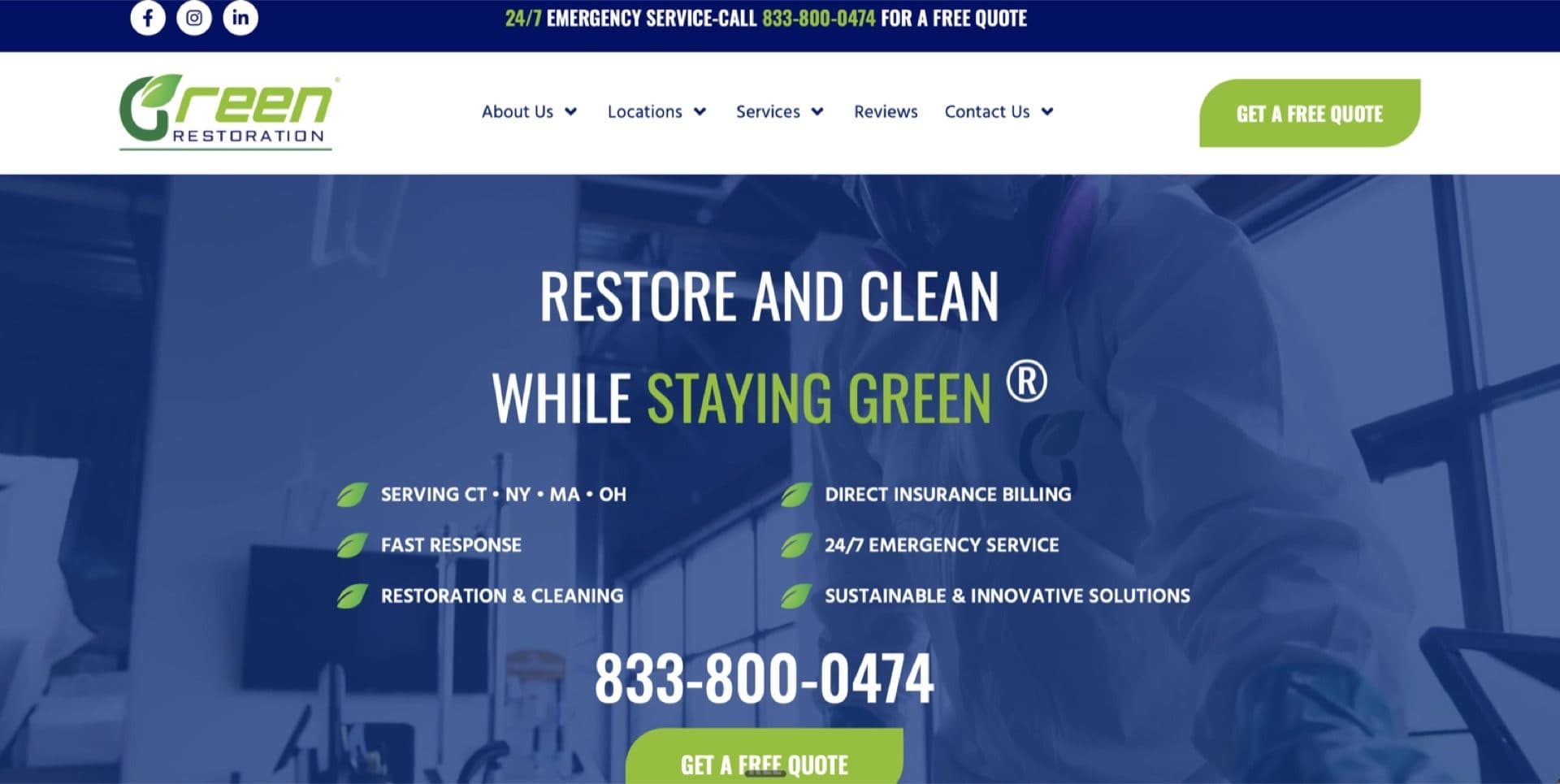 Green Restoration contractor website built on WordPress by Market Movers featuring hero section and service areas