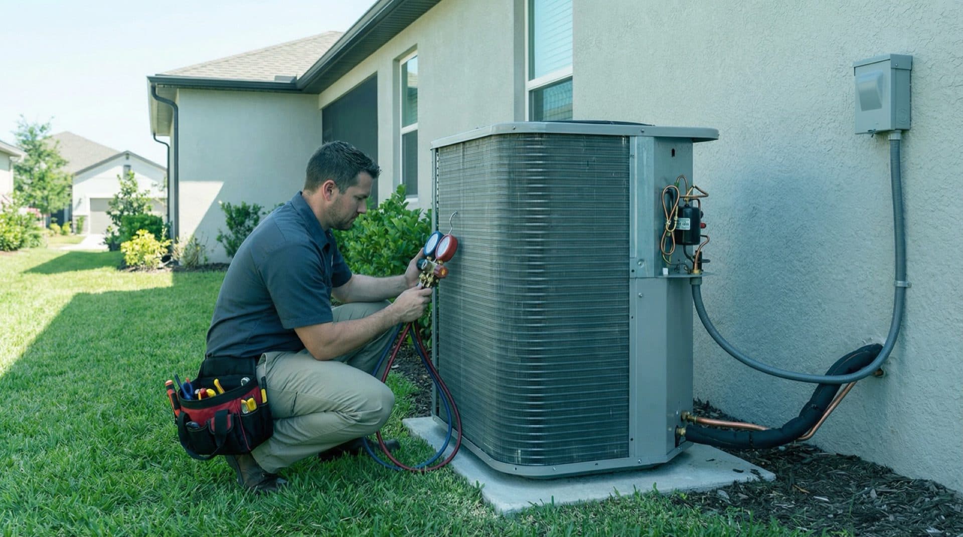 HVAC technician servicing residential air conditioning unit with professional diagnostic tools