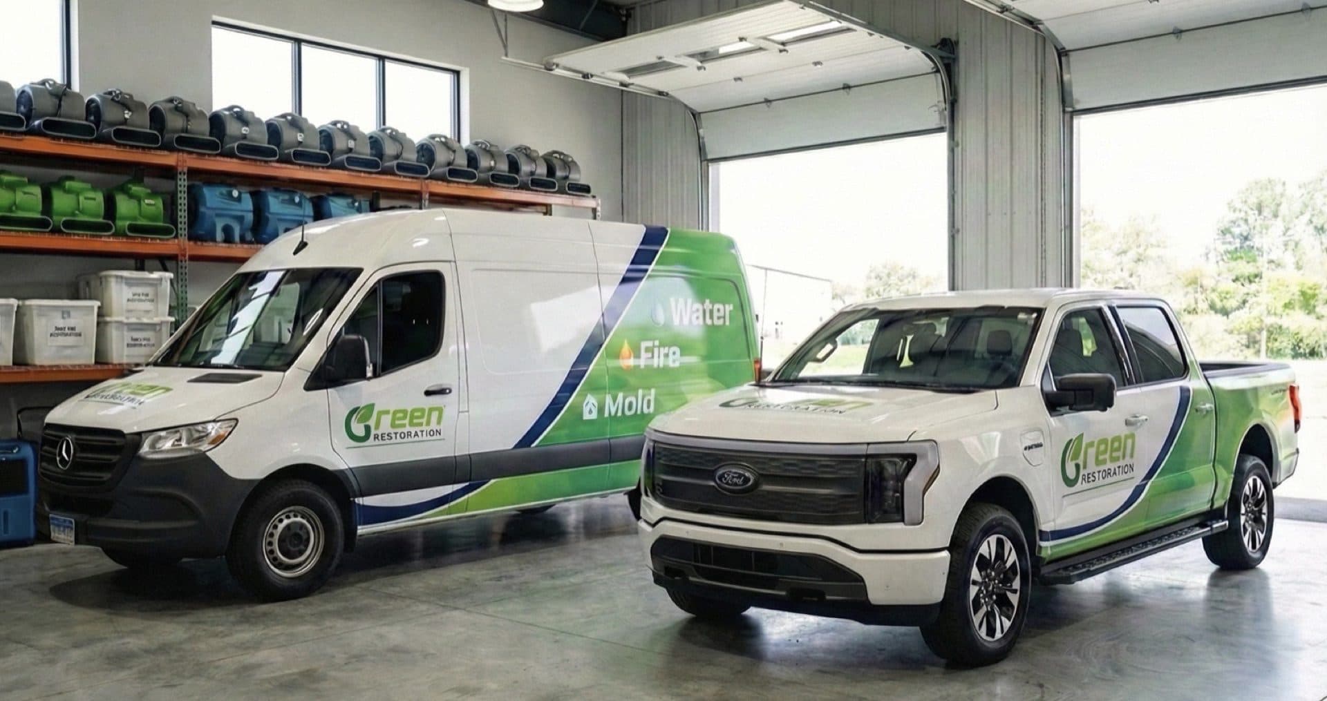 Green Restoration branded fleet in warehouse with equipment